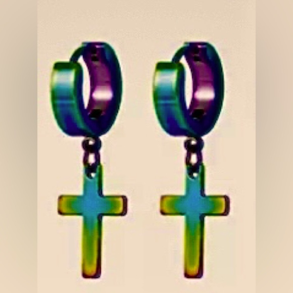 NWT Iridescent Rainbow Stainless Steel Cross Earrings Unisex Bright Blue Purple